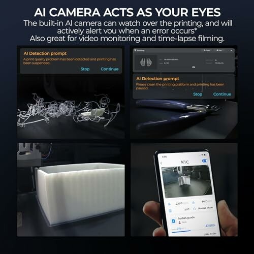 AI camera monitoring 3D printing with error detection and video features.
