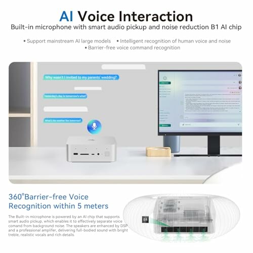 AI voice interaction setup with microphone and computer screen displaying text messages.