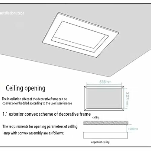 Ceiling opening installation diagram with measurements.