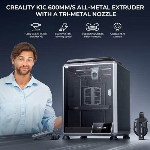 Creality K1C 3D printer with features and a presenter.