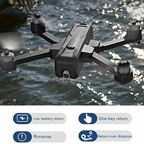 Drone flying over water with safety feature icons.