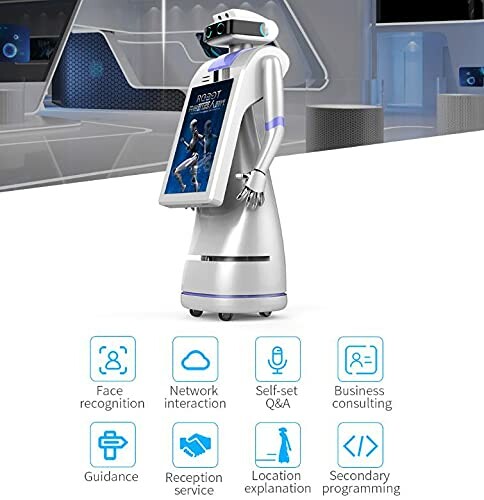 Futuristic robot with screen offering various services like face recognition, network interaction, and guidance