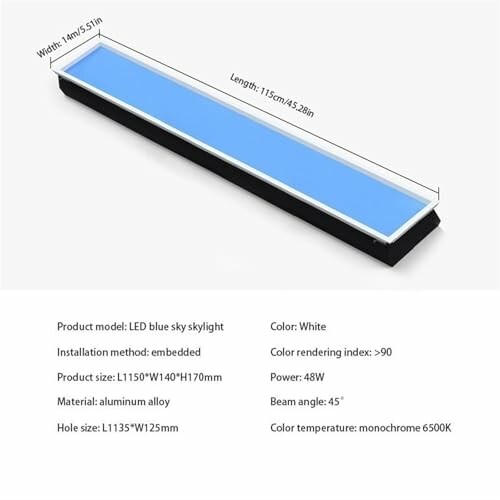 LED blue sky skylight with specifications listed.