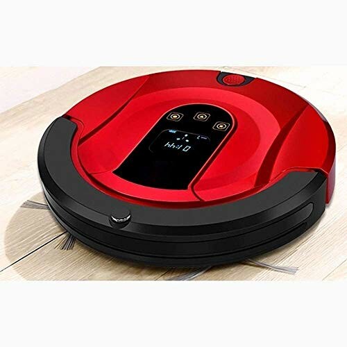 Red and black robot vacuum cleaner on wooden floor.