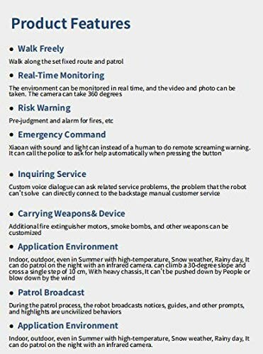 List of product features for a robot, including walking freely, real-time monitoring, risk warning, emergency command, inquiring service, carrying weapons, and application environments.