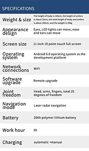 Specifications of a robot including weight, size, and features.