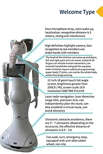 Robot with specifications listed, including voice wake-up, camera, and obstacle avoidance.