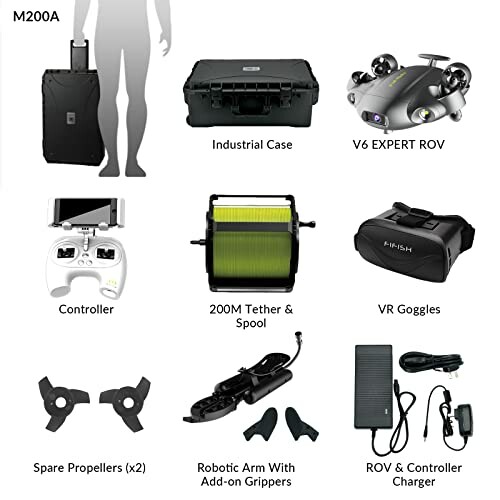 ROV equipment kit with industrial case, V6 EXPERT ROV, controller, tether spool, VR goggles, spare propellers, robotic arm, and charger