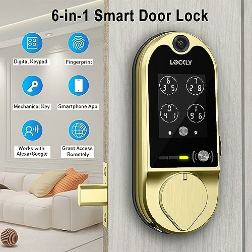 Smart door lock with touchscreen and 6-in-1 features.