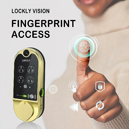 Smart lock with fingerprint access and icons showing security features.