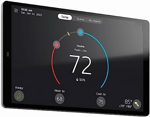 Smart thermostat display showing temperature and settings.