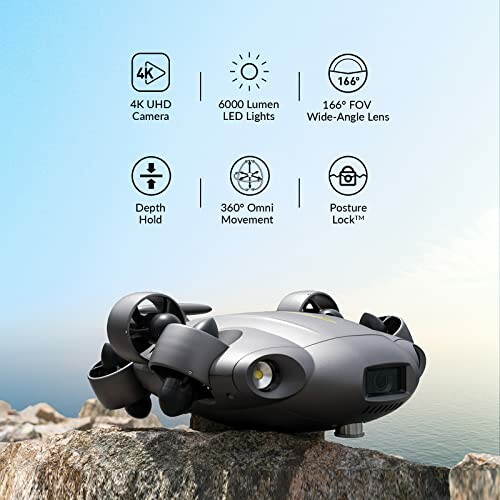 FIFISH QYSEA V6 Expert M200A Underwater Drone with camera and LED lights on rocks